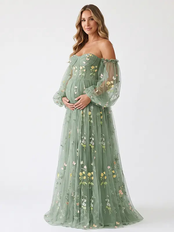 Green Floral Maternity Photoshoot Dress with Sweetheart Neckline and Sheer Off Shoulder Puff Sleeves for Baby Shower and Pregnancy Portraits | Bumplook