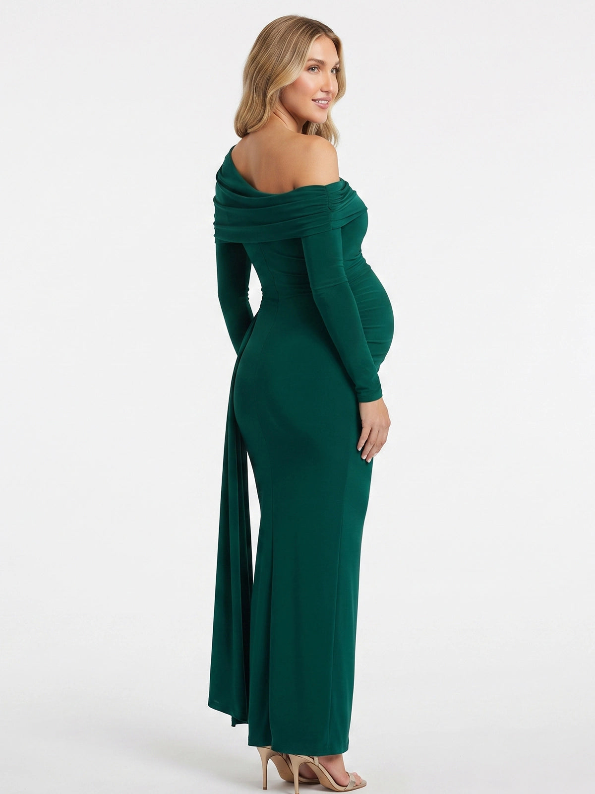 Emerald Green Maternity Photoshoot Dress for Pregnancy Announcement and Baby Shower | Bumplook