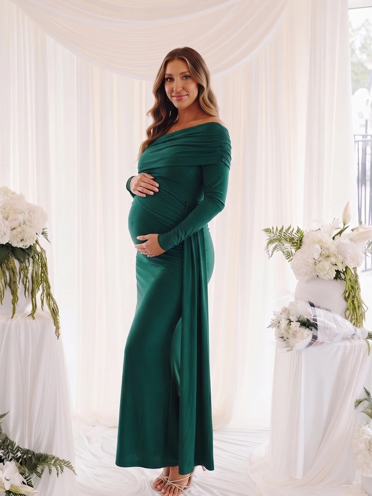 Emerald Green Maternity Baby Shower Dress for Pregnancy Celebration and Special Occasion | Bumplook