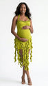 green ruffle maternity dress with halter neckline and asymmetrical frill hem