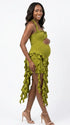 green ruffle maternity dress with halter neckline and asymmetrical frill hem