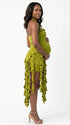 green ruffle maternity dress with halter neckline and asymmetrical frill hem