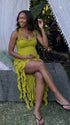 green ruffle maternity dress with halter neckline and asymmetrical frill hem