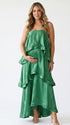 green tiered ruffle maternity maxi dress with spaghetti straps and layered ruffles