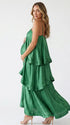 green tiered ruffle maternity maxi dress with spaghetti straps and layered ruffles