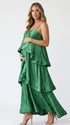 green tiered ruffle maternity maxi dress with spaghetti straps and layered ruffles