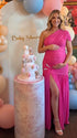 Hot pink one shoulder maternity gown with ruched silhouette and high slit for Barbie baby shower celebrations