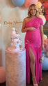 Hot pink one shoulder maternity gown with ruched silhouette and high slit for Barbie baby shower celebrations