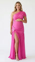 Hot pink one shoulder maternity gown with ruched silhouette and high slit for Barbie baby shower celebrations