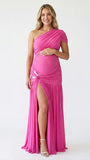 Hot pink one shoulder maternity gown with ruched silhouette and high slit for Barbie baby shower celebrations