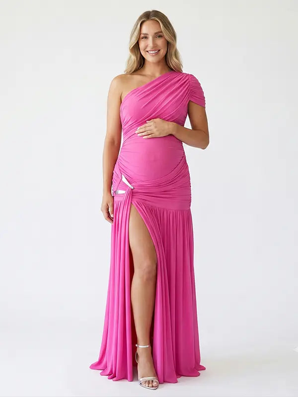 Hot pink one shoulder maternity gown with ruched silhouette and high slit for Barbie baby shower celebrations