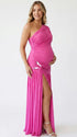 Hot pink one shoulder maternity gown with ruched silhouette and high slit for Barbie baby shower celebrations