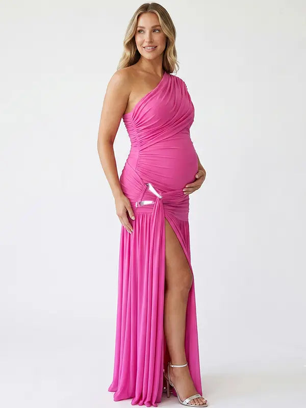 Hot pink one shoulder maternity gown with ruched silhouette and high slit for Barbie baby shower celebrations