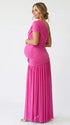 Hot pink one shoulder maternity gown with ruched silhouette and high slit for Barbie baby shower celebrations