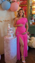 Hot pink one shoulder maternity gown with ruched silhouette and high slit for Barbie baby shower celebrations