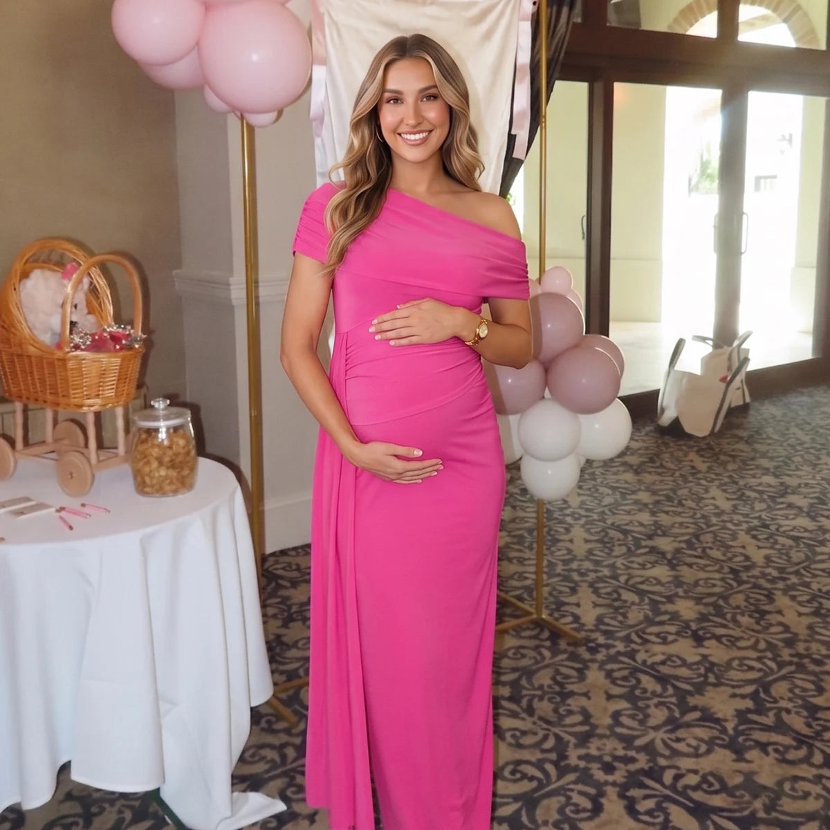 Hot Pink Maternity Dress for Gender Reveal and Girl Baby Shower | Bumplook
