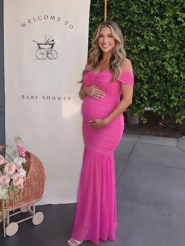 Hot Pink Off Shoulder Ruched Maternity Maxi Dress for Baby Shower and Maternity Photoshoot