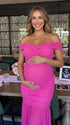 Hot Pink Off Shoulder Ruched Maternity Maxi Dress for Baby Shower and Maternity Photoshoot