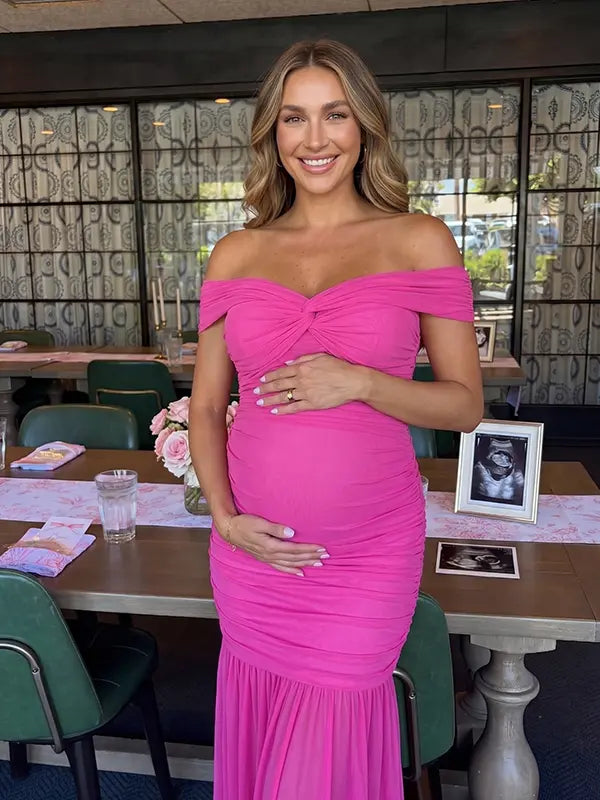 Hot Pink Off Shoulder Ruched Maternity Maxi Dress for Baby Shower and Maternity Photoshoot