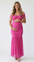 Hot Pink Off Shoulder Ruched Maternity Maxi Dress for Baby Shower and Maternity Photoshoot