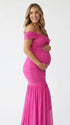 Hot Pink Off Shoulder Ruched Maternity Maxi Dress for Baby Shower and Maternity Photoshoot