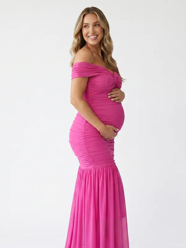 Hot Pink Off Shoulder Ruched Maternity Maxi Dress for Baby Shower and Maternity Photoshoot