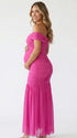Hot Pink Off Shoulder Ruched Maternity Maxi Dress for Baby Shower and Maternity Photoshoot
