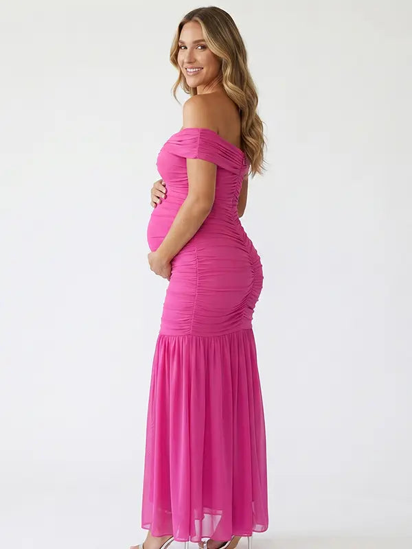 Hot Pink Off Shoulder Ruched Maternity Maxi Dress for Baby Shower and Maternity Photoshoot