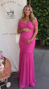 Hot Pink Off Shoulder Ruched Maternity Maxi Dress for Baby Shower and Maternity Photoshoot