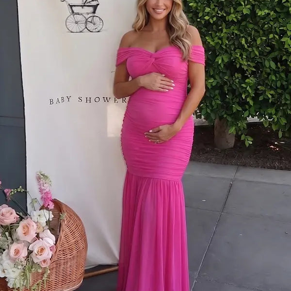 Hot Pink Off Shoulder Ruched Maternity Maxi Dress for Baby Shower and Maternity Photoshoot