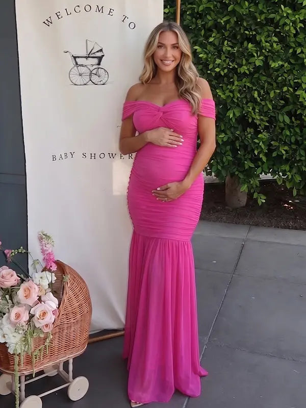 Hot Pink Off Shoulder Ruched Maternity Maxi Dress for Baby Shower and Maternity Photoshoot