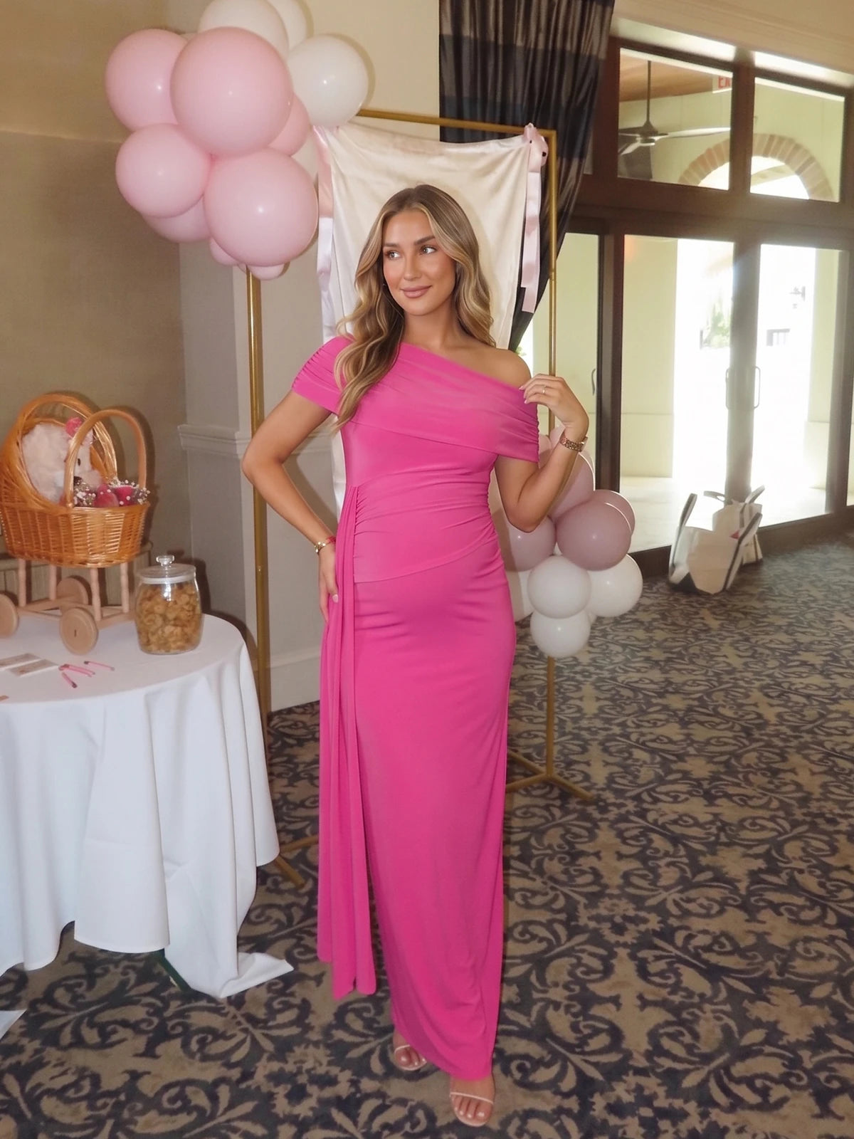 Hot Pink Draped Maternity Maxi Dress for Pregnancy Photos | Bumplook