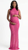 Hot Pink Rhinestone Maternity Gown – Sparkly Mock Neck Pregnancy Dress with Mermaid Hem