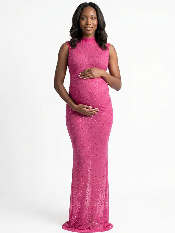 Hot Pink Rhinestone Maternity Gown – Sparkly Mock Neck Pregnancy Dress with Mermaid Hem