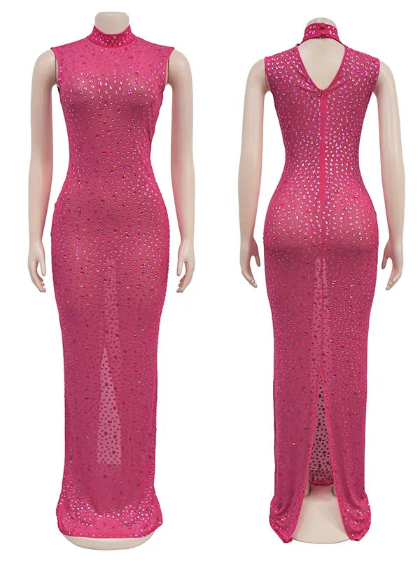 hot pink rhinestone maternity gown with mock neck and mermaid silhouette