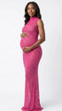 hot pink rhinestone maternity gown with mock neck and mermaid silhouette