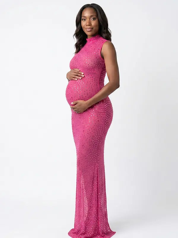 hot pink rhinestone maternity gown with mock neck and mermaid silhouette