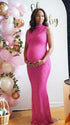 hot pink rhinestone maternity gown with mock neck and mermaid silhouette