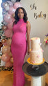 hot pink rhinestone maternity gown with mock neck and mermaid silhouette