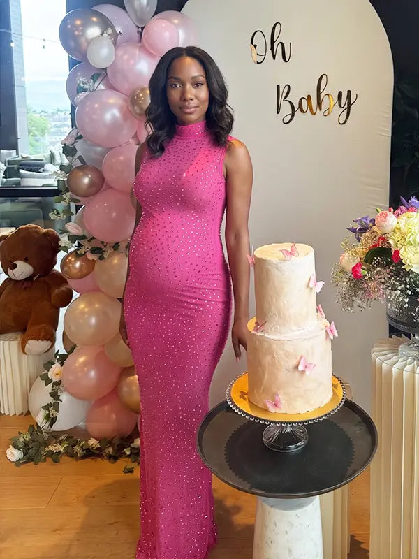 hot pink rhinestone maternity gown with mock neck and mermaid silhouette