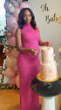 hot pink rhinestone maternity gown with mock neck and mermaid silhouette