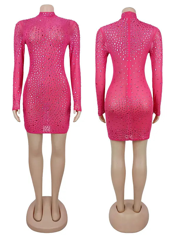 hot pink rhinestone maternity mini dress with long sleeves and mock neckline