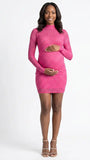 hot pink rhinestone maternity mini dress with long sleeves and mock neckline