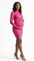 hot pink rhinestone maternity mini dress with long sleeves and mock neckline