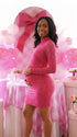 hot pink rhinestone maternity mini dress with long sleeves and mock neckline