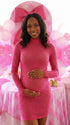 hot pink rhinestone maternity mini dress with long sleeves and mock neckline
