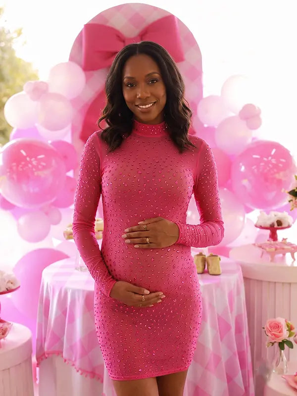 hot pink rhinestone maternity mini dress with long sleeves and mock neckline