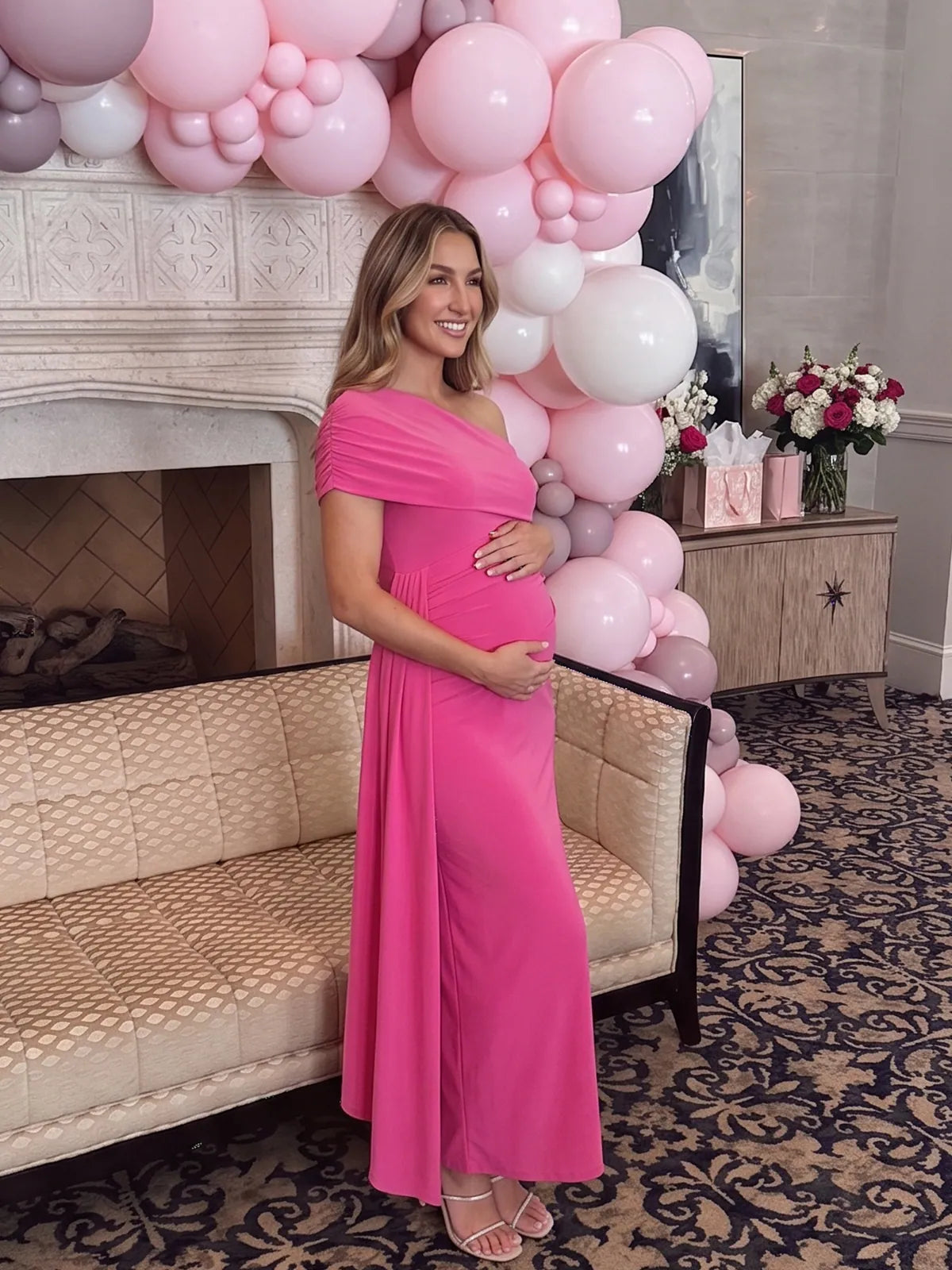 Fuchsia Pink Maternity Photoshoot Dress with Side Ruching | Bumplook