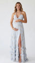 Ice Blue Pearl Halter Maternity Dress, Princess Baby Shower Maternity Maxi Dress for Baby Shower, Maternity Photoshoot, Gender Reveal, Pregnancy Announcement, Luxury Photoshoot, Bridal Shower, Formal Events | Bumplook