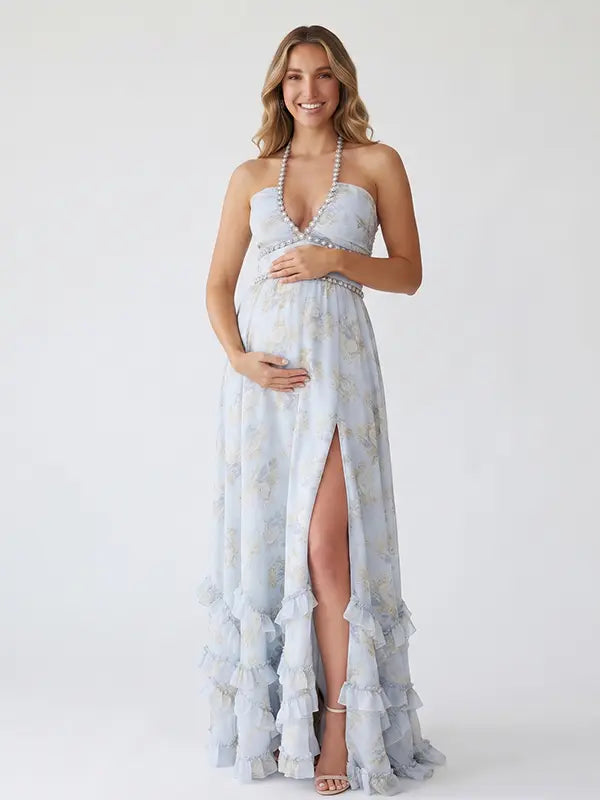 Ice Blue Pearl Halter Maternity Dress, Princess Baby Shower Maternity Maxi Dress for Baby Shower, Maternity Photoshoot, Gender Reveal, Pregnancy Announcement, Luxury Photoshoot, Bridal Shower, Formal Events | Bumplook